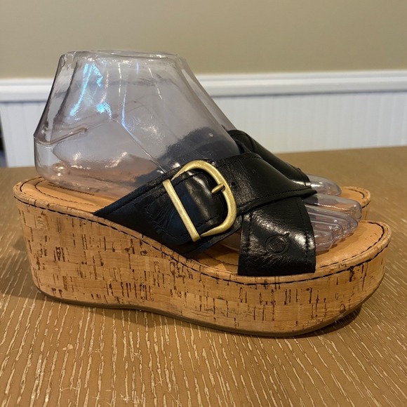 Born Shoes - Born Goma Women's Size 7 M Black Leather Cork Wedge Slide Sandals Buckle